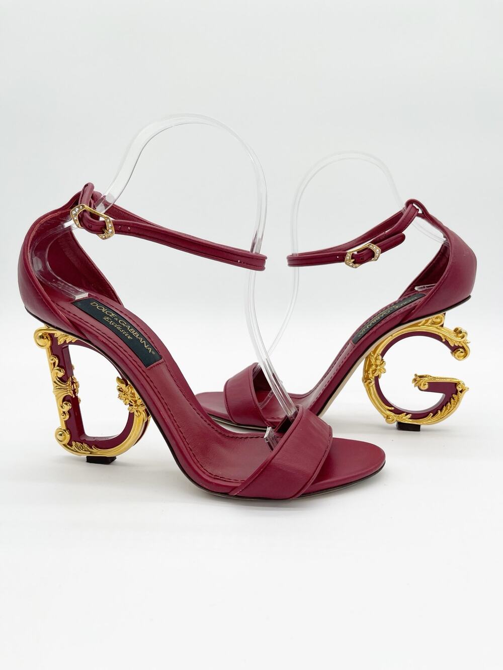 Dolce & Gabbana Burgundy Keira Leather Baroque DG Sculptural Sandals IT 38.5